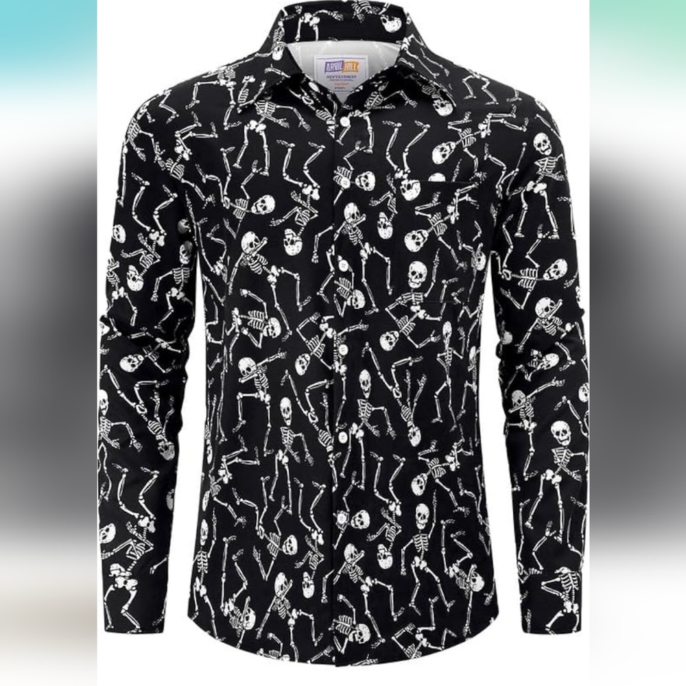 Black Skeleton Print Button Down Men's Shirt